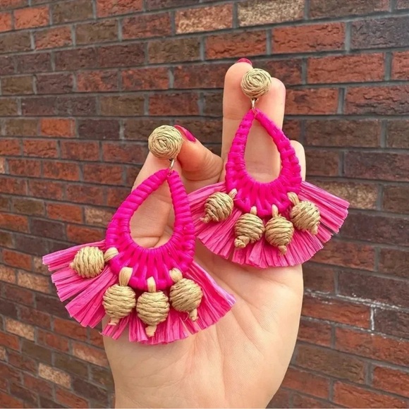 Anthropologie Pink Raffia Breaded Earrings - Picture 5 of 5